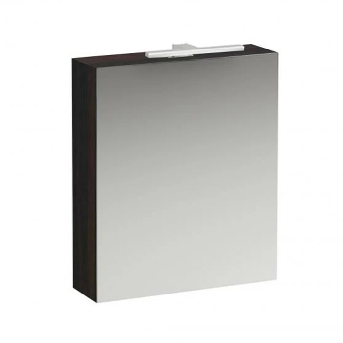 Laufen Base Шкаф зеркальный 60x18.5x70см, 1 дверца, SX, с горизонтальным элементом LED-подсветки, 2 стеклянные полки, 1 розетка, цвет: темный вяз