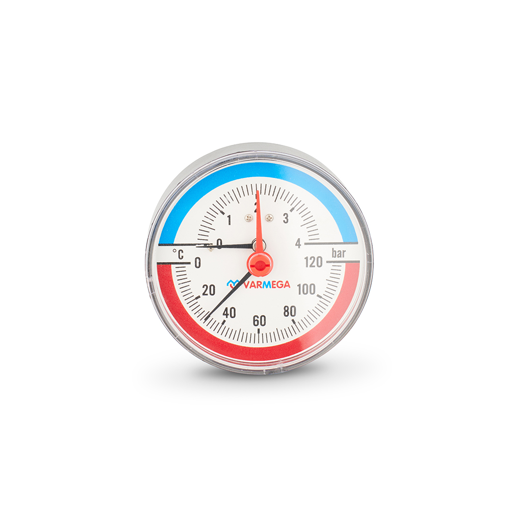 Термоманометр аксиальный Varmega VMMT06-800404, диаметр 80 мм, 4 бар, 120°С, 1/2", с запорным клапаном