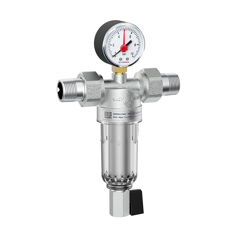 Фильтр сетчатый промывной Varmega VMSF04-C16042 PN16 1/2", для ХВС, с разъемными соединениями, хромированный (c манометром)