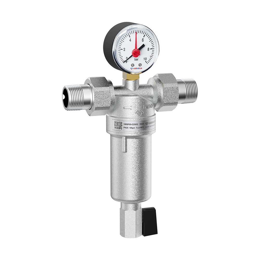 Фильтр сетчатый промывной Varmega VMSF05-C25042 PN25 1/2", для ХВС и ГВС, с разъемными соединениями, хромированный (c манометром)